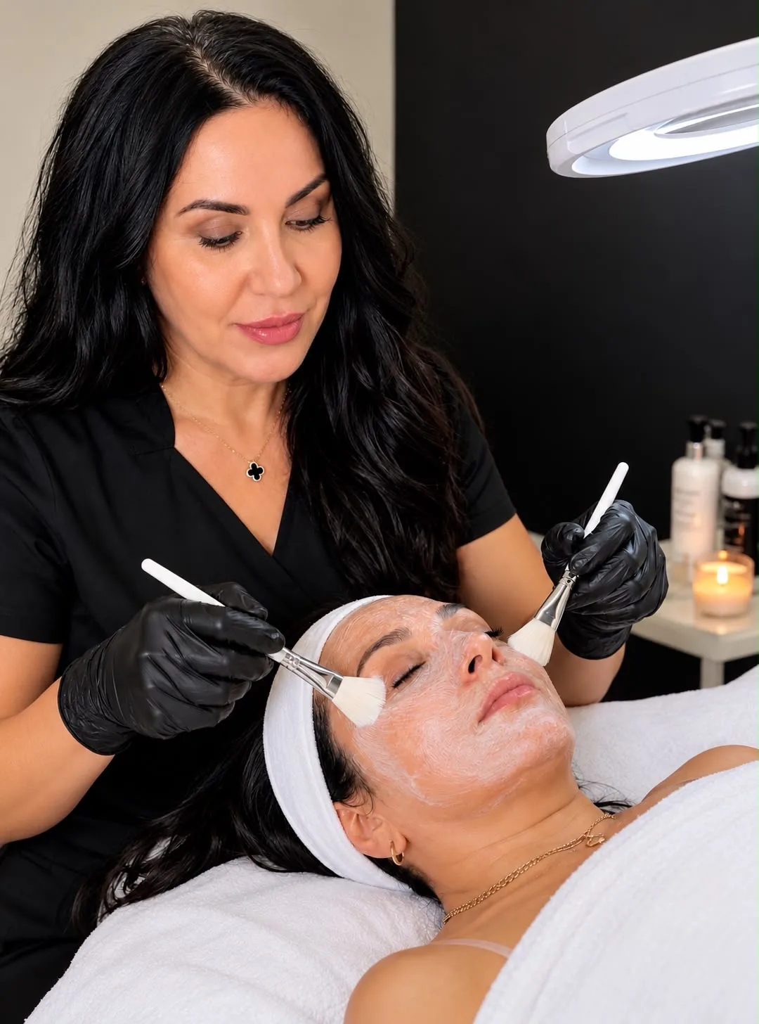 Angel applying a facial mask to a client in her Naperville studio
