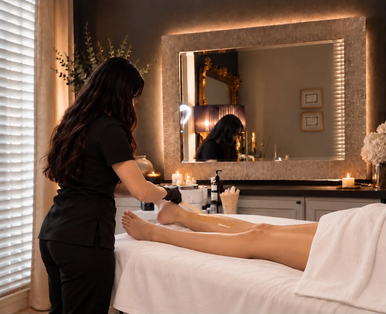 Angel performing a leg waxing treatment at Silky Smooth Waxing Studio